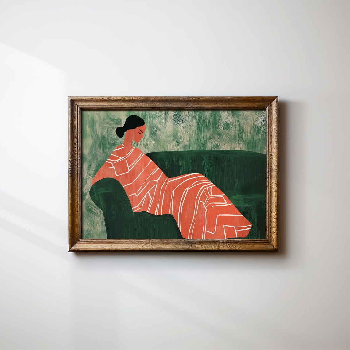 Lounging Woman in Coral Geometric Dress on Green Couch Poster - Image 2
