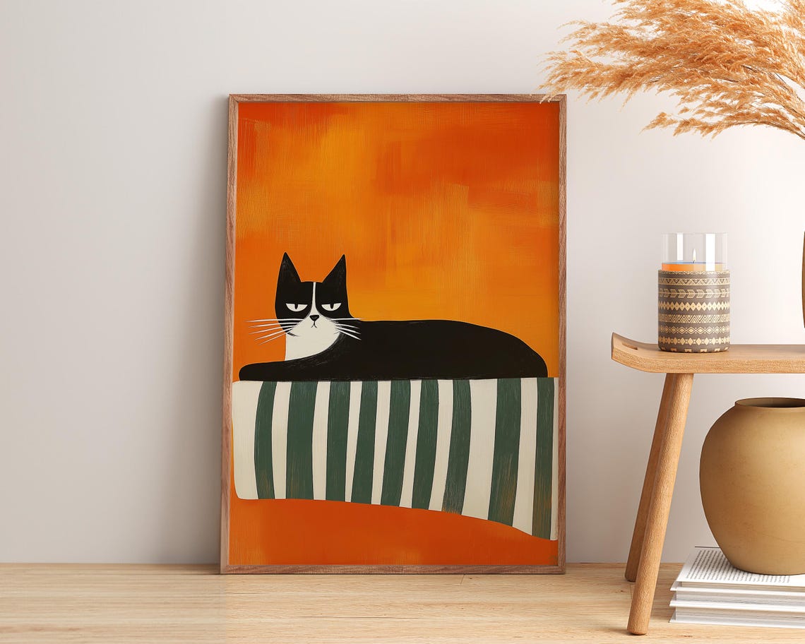 Black Cat In Striped Blanket, Contemporary Art Print - Image 3