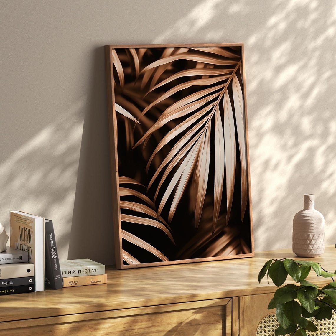 Abstract Sepia Palm Leaf, Modern Tropical Decor