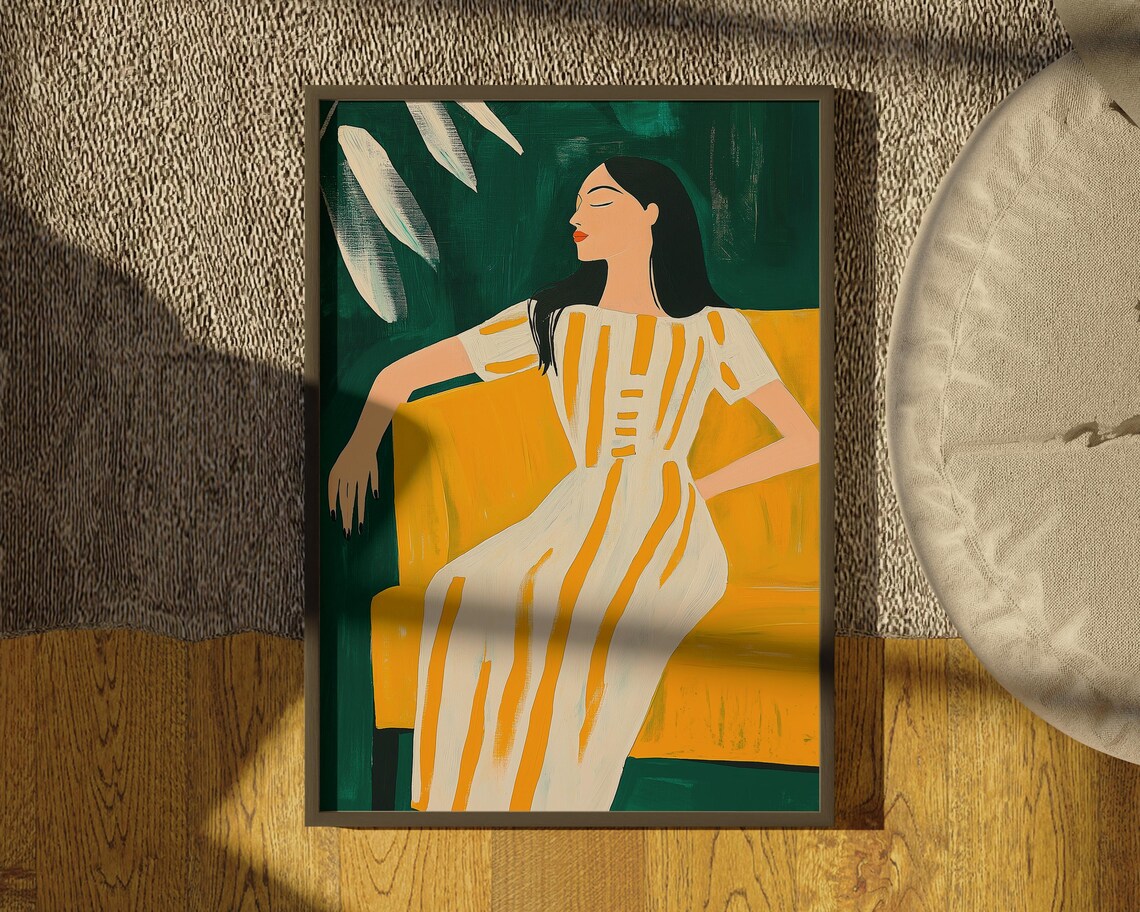 Elegant Woman In A Yellow Striped Dress On Mustard Armchair Wall Art - Image 2
