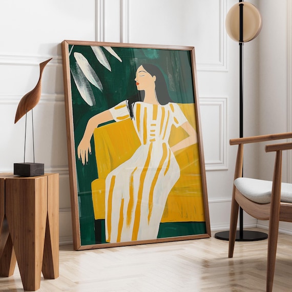 Elegant Woman In A Yellow Striped Dress On Mustard Armchair Wall Art