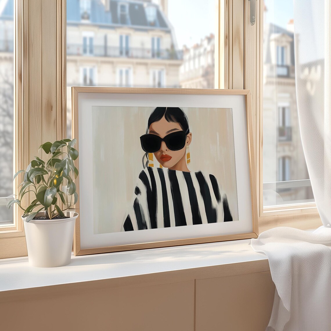 Elegant Woman In Sunglasses With Gold Earrings And Stripes Wall Art - Image 4