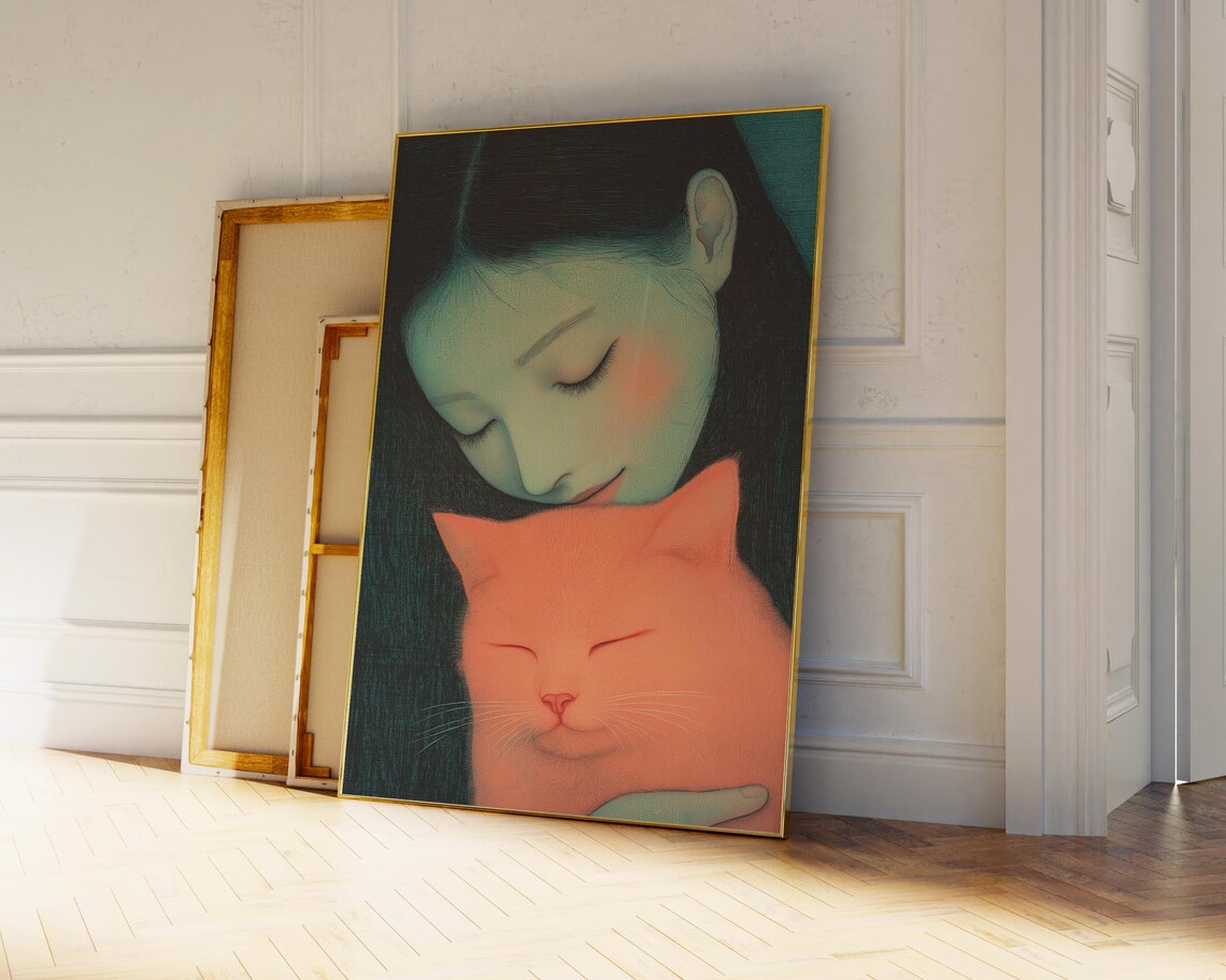 Abstract People Cat Lover Art, Contemporary Cat Artwork - Image 3