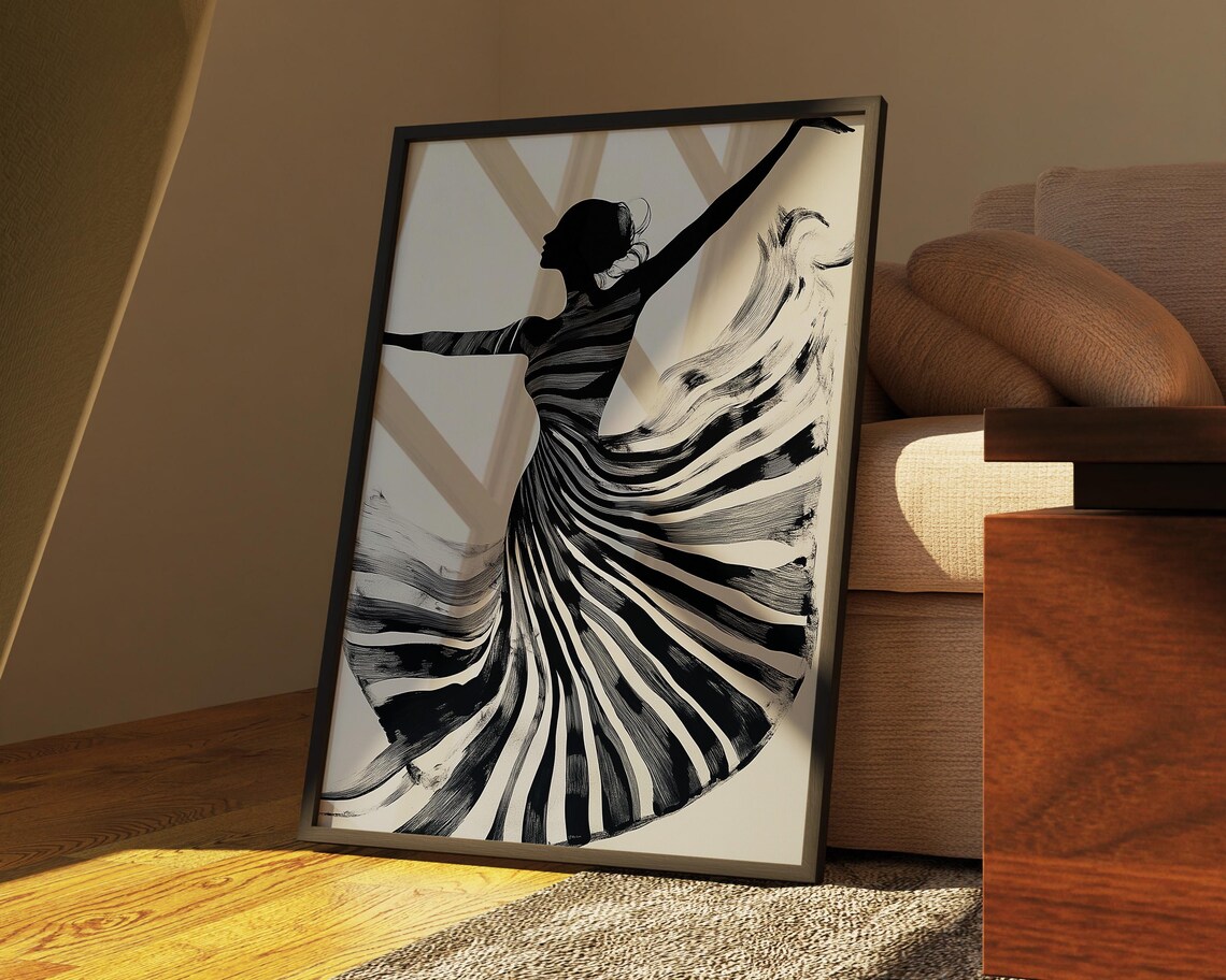 Dancer in Motion Flowing Striped Dress Monochrome Art Poster - Image 2