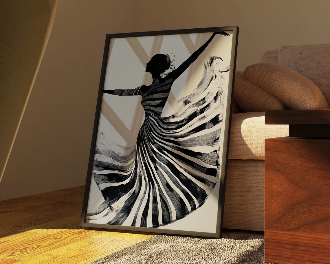 Modern Dance Art Black And White Striped Dress Line Art Ballerina Elegant Minimalist Wall Decor Monochrome Artwork - Image 2