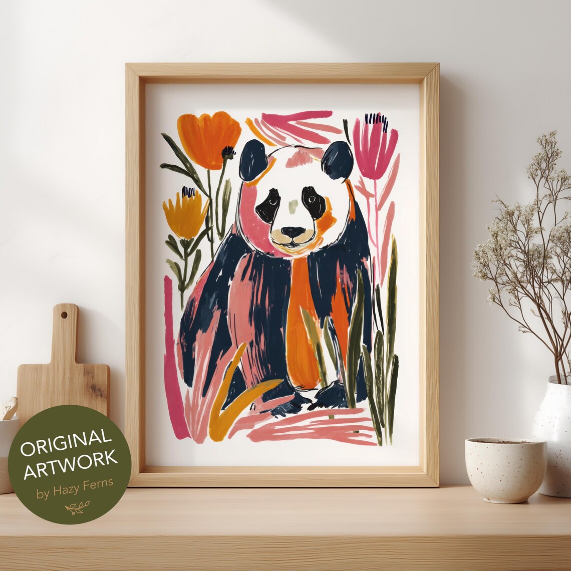 Panda Art Print, Gouache Style Botanical Animal