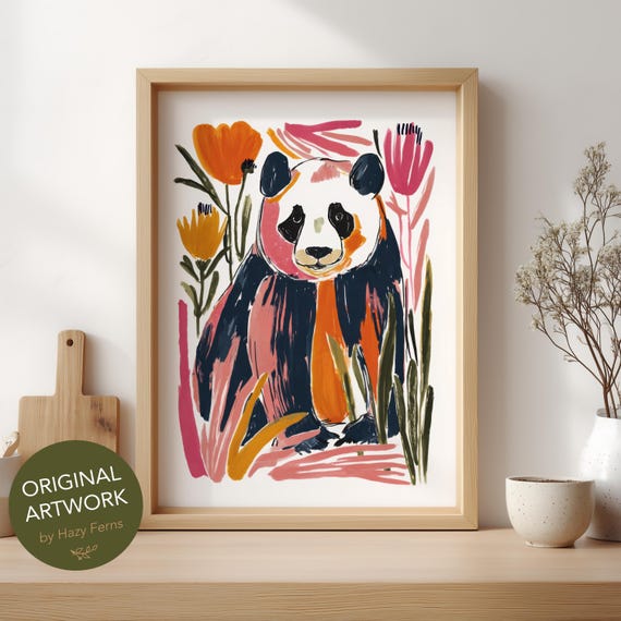 Panda Art Print, Gouache Style Botanical Animal