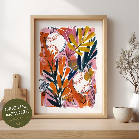Baseballs Among Tropical Blooms Bold Gouache Sports Art Poster