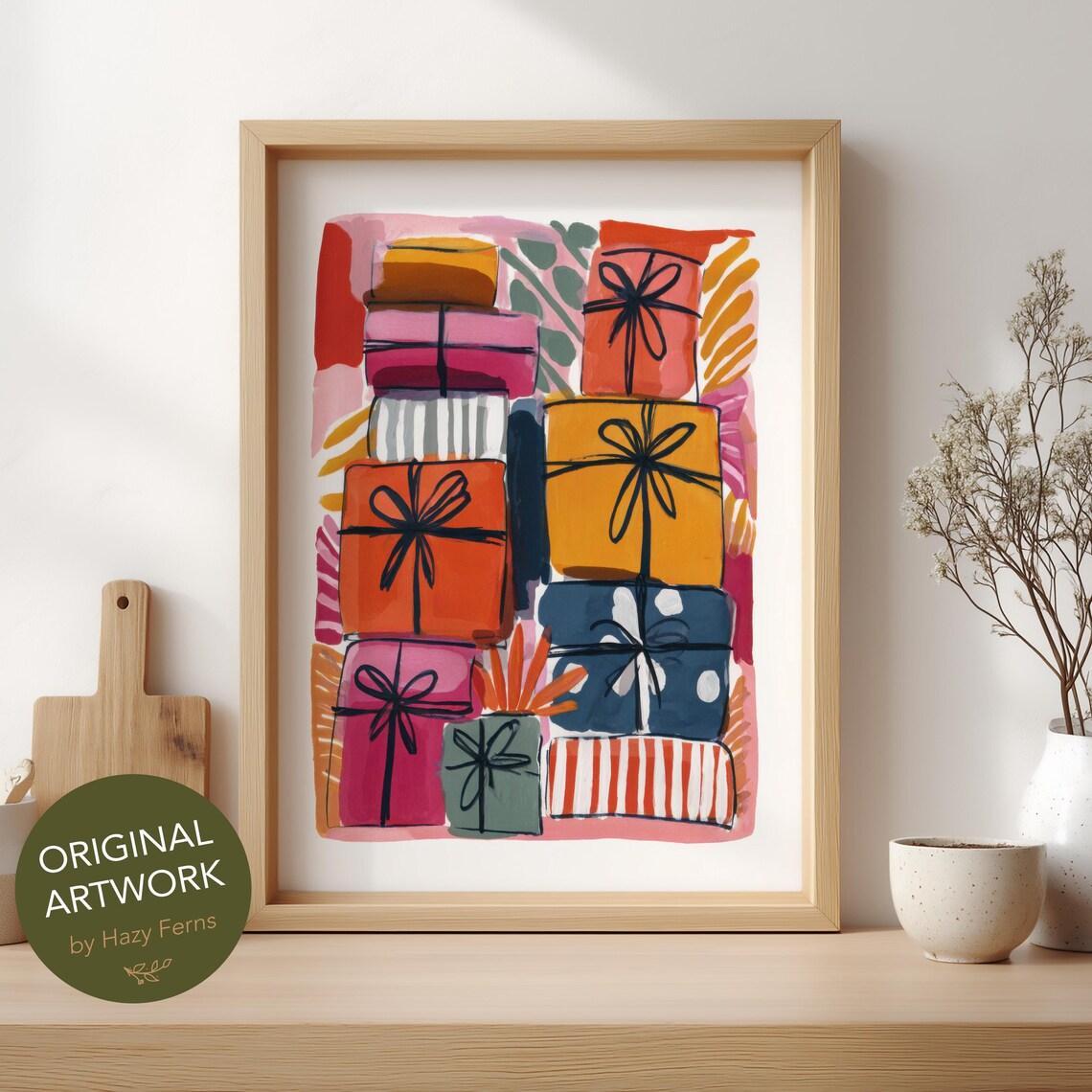 Cheerful Gift Art Print, Seasonal Holiday Poster
