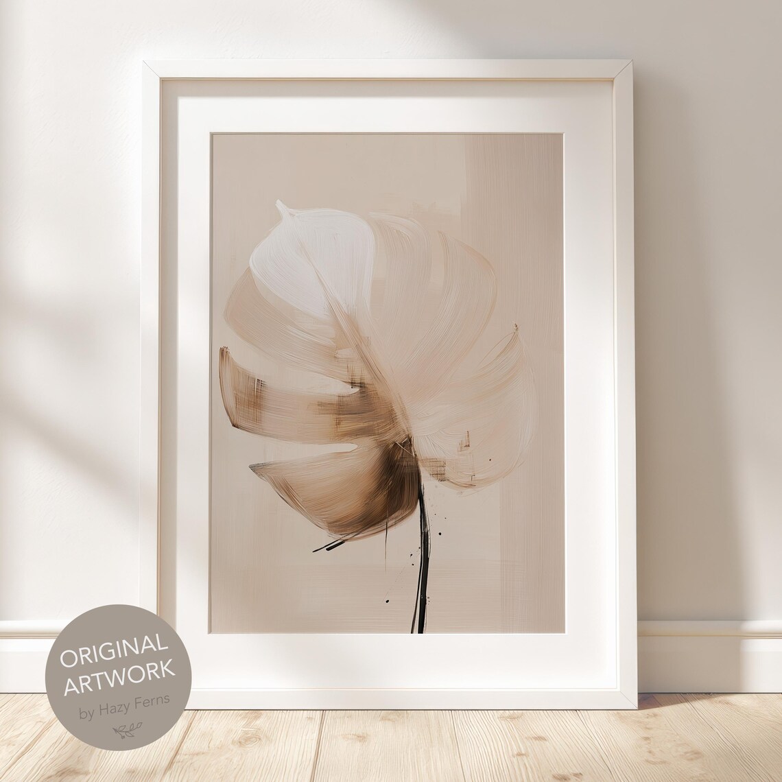 Abstract Monstera Leaf Print Beige Brushstrokes Minimalist Wall Art