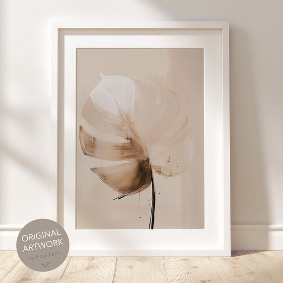 Abstract Monstera Leaf Beige Minimalist Botanical Brushwork Poster