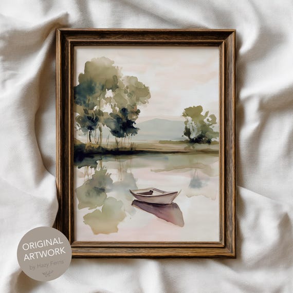 Muted Lake Scene Watercolor Print Small Boat Landscape