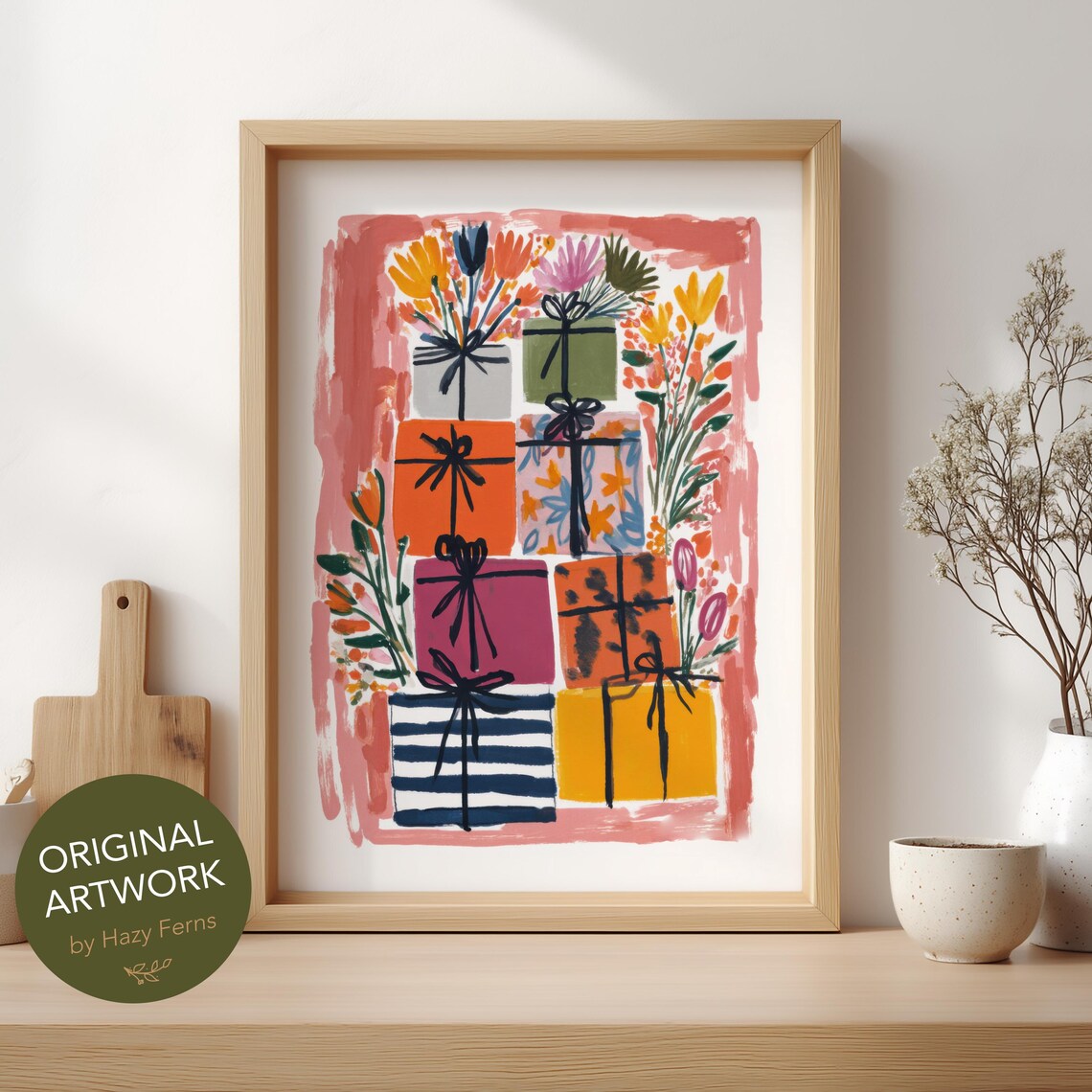 Bright Gift Box Art Print, Colorful Gouache Style