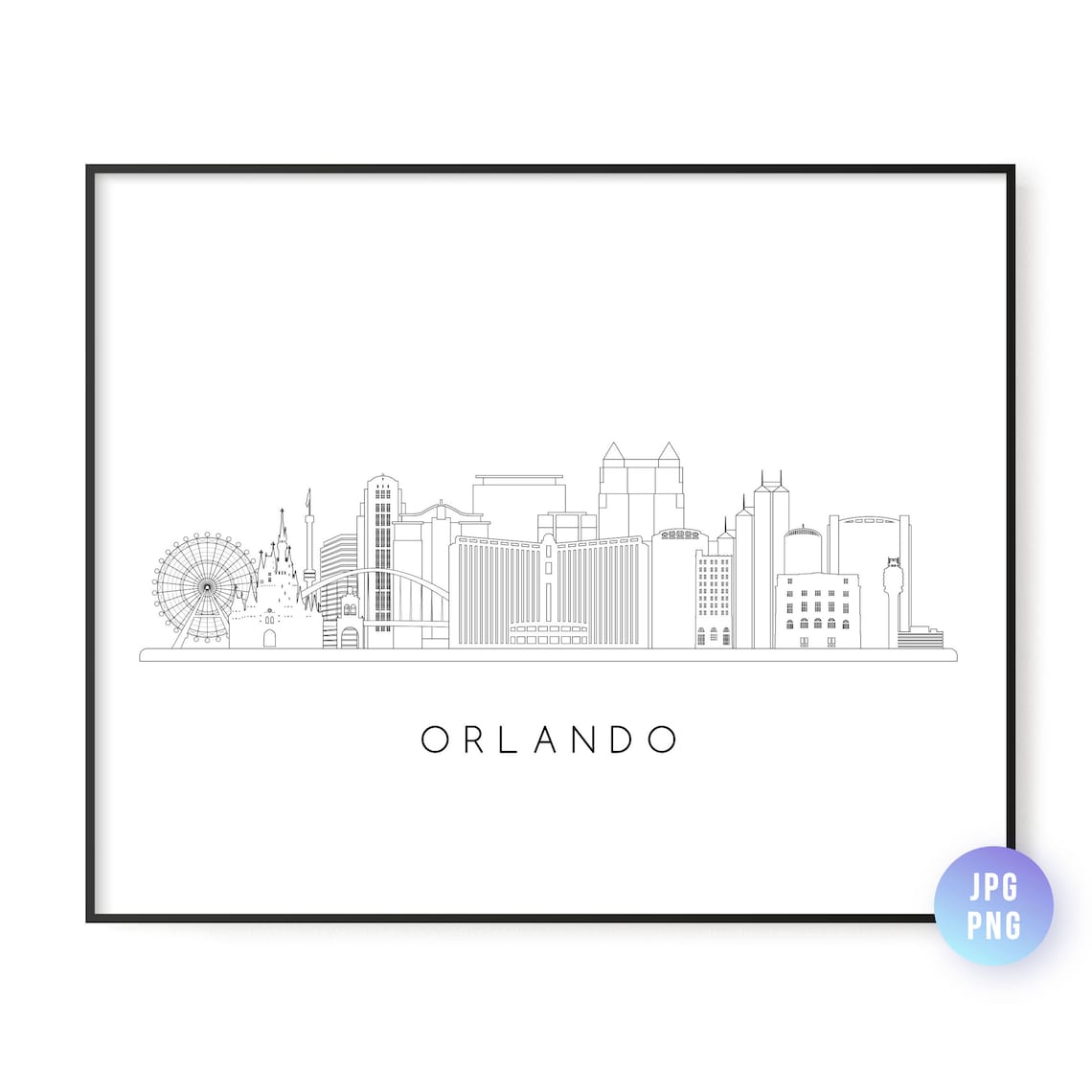 Orlando Skyline Line Art Travel Poster, City Print