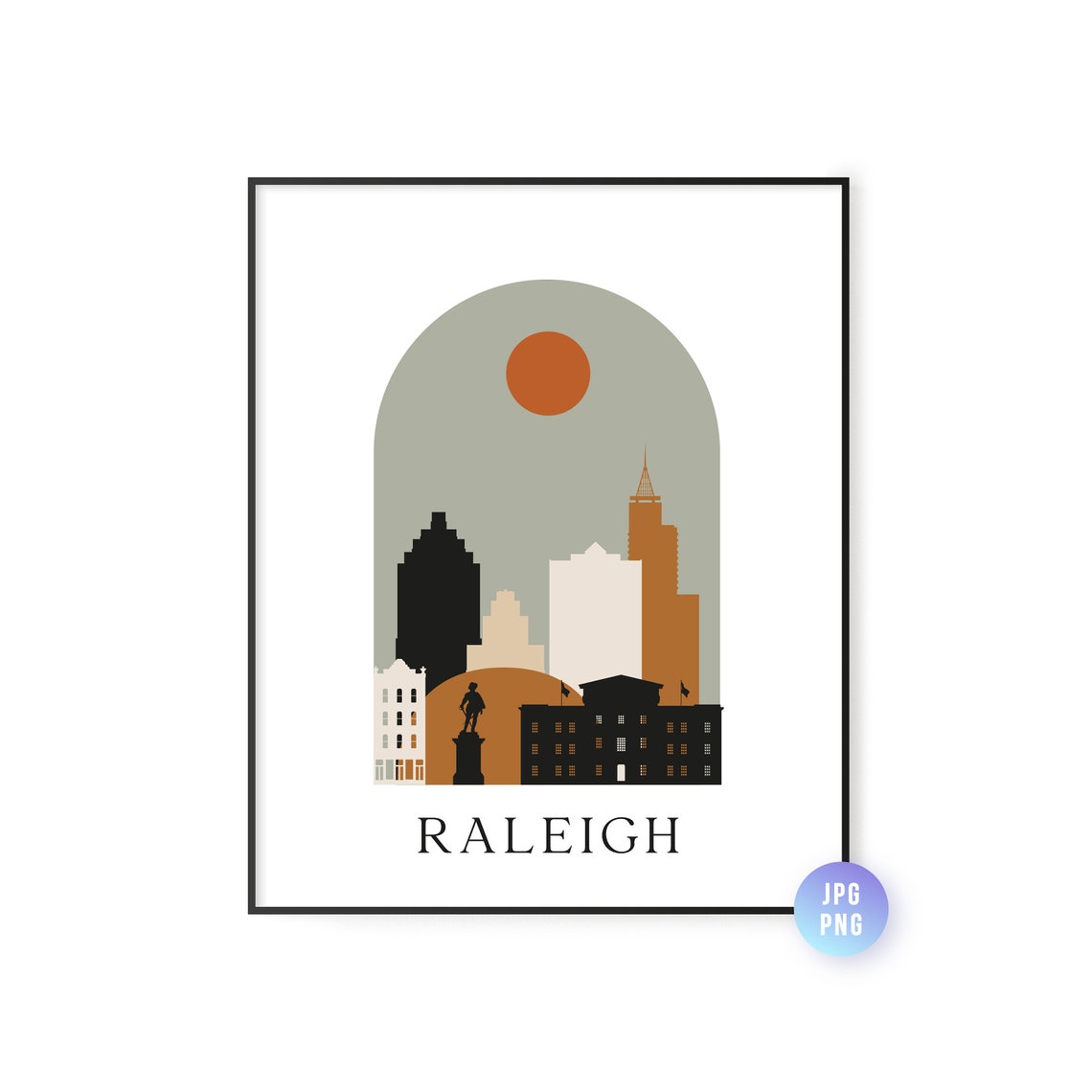Raleigh Minimalist Skyline Boho Sun Arch Modern Travel Poster