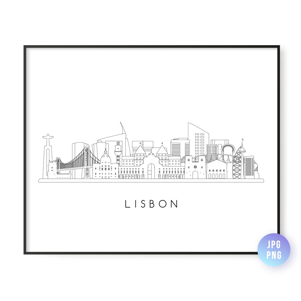 Lisbon Skyline Line Art Minimalist Portugal City Drawing Bridge Poster