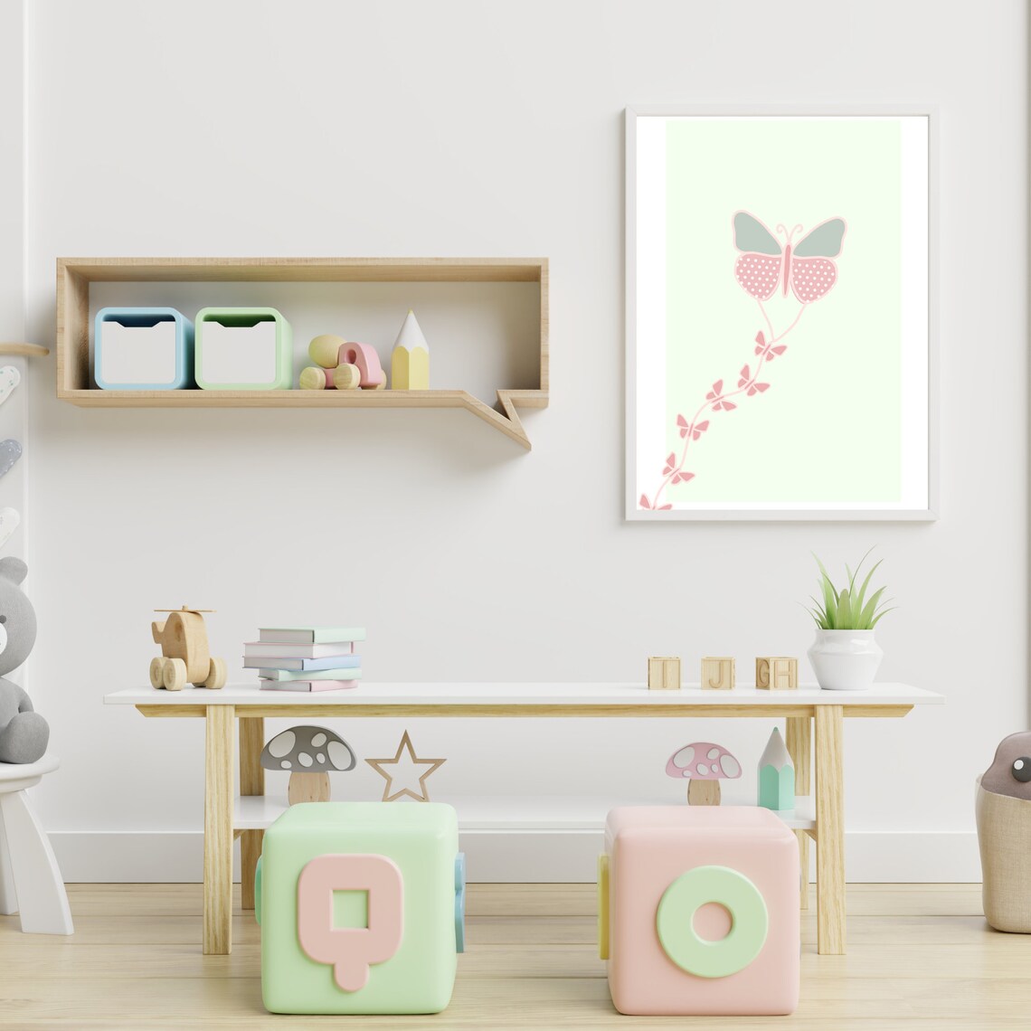 Pastel Butterfly Kite Art Print Nursery Butterfly Girls Room Wall Decor - Image 3