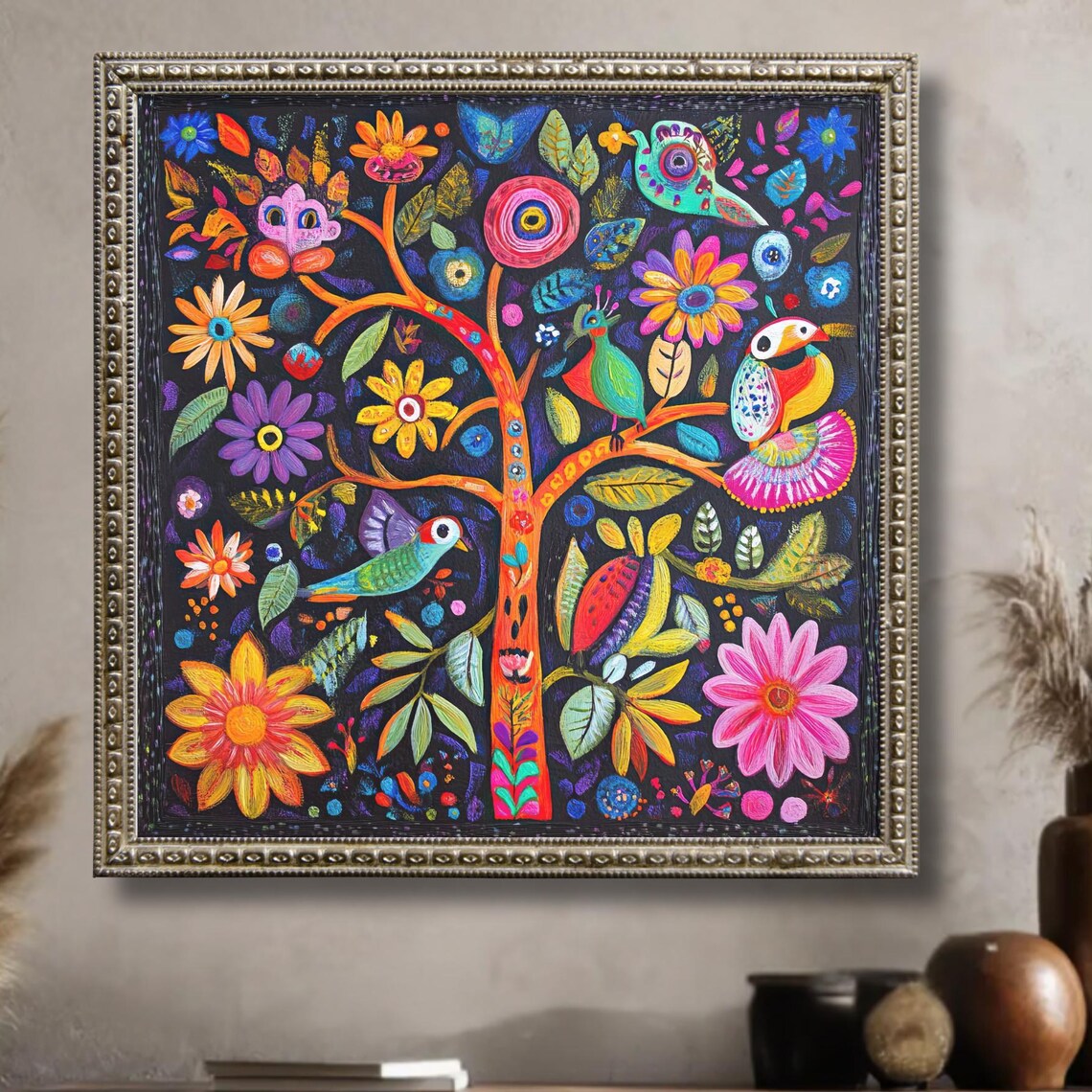 Mexican Folk Art Tree of Life Colorful Birds Flowers Vibrant Decor Poster