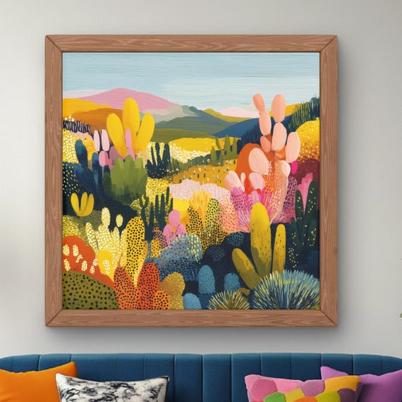 Abstract Desert Landscape Print Colorful Cactus Wall Art Modern Bohemian Decor Vibrant Botanical Painting Southwestern Home