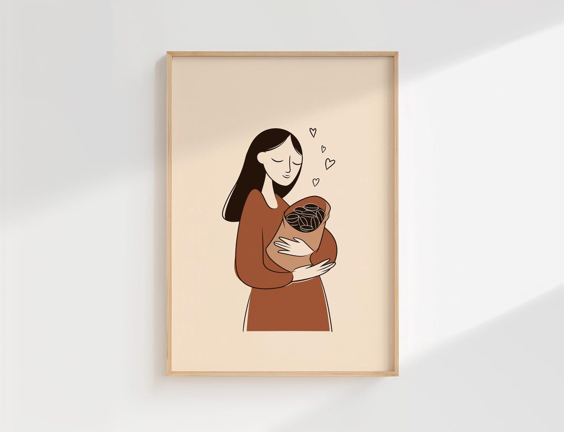 Coffee Lover Minimalist Woman Hugging Coffee Beans Kitchen Wall Poster