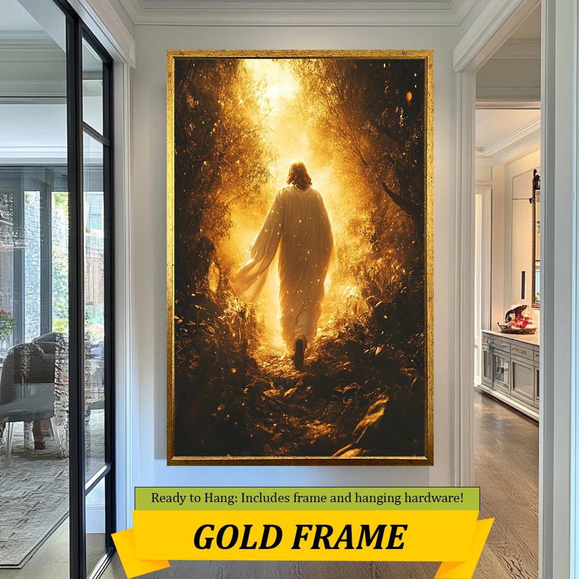 Jesus Walking Toward Golden Radiant Light In Dark Forest Path Poster - Image 5