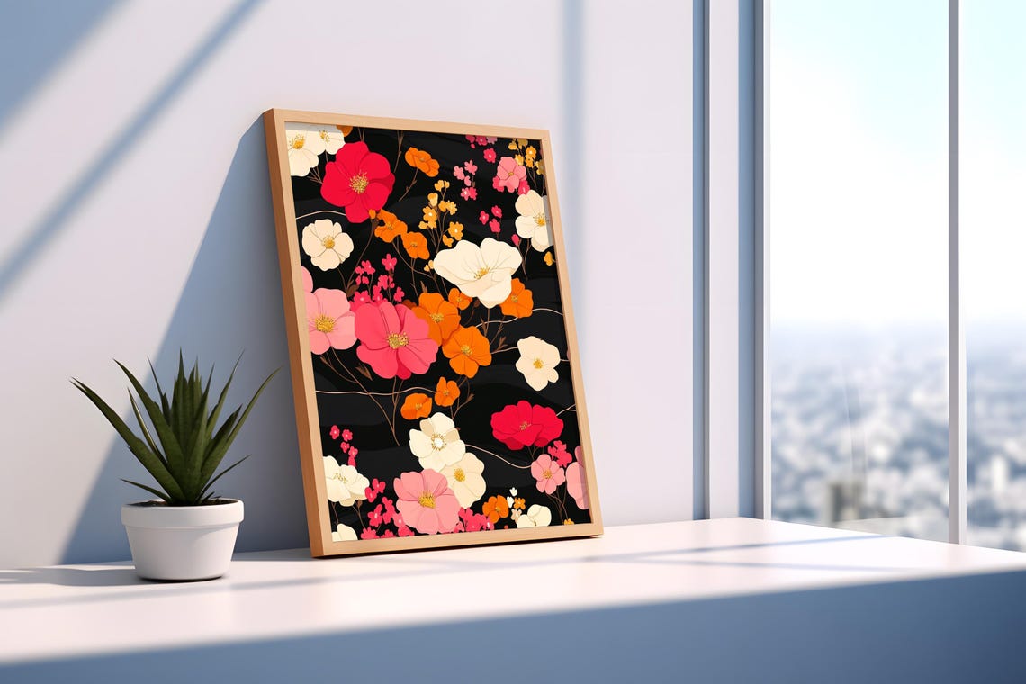 Vibrant Cosmos Floral Pattern Red Pink Orange Blooms Black Wall Art - Image 2
