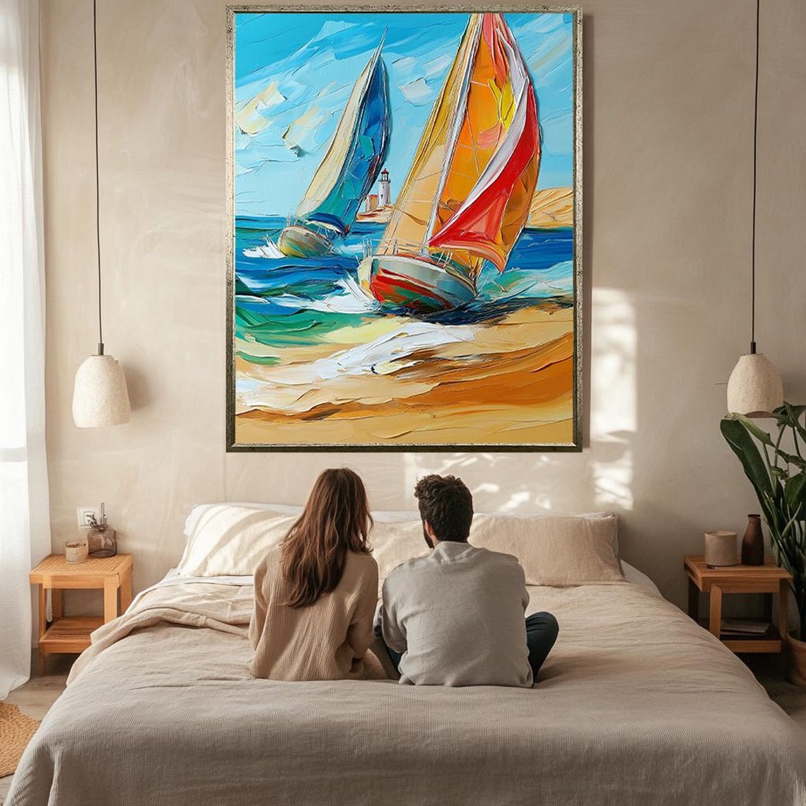 Colorful Sailing Boats Lighthouse Coast Impressionist Nautical Poster - Image 2