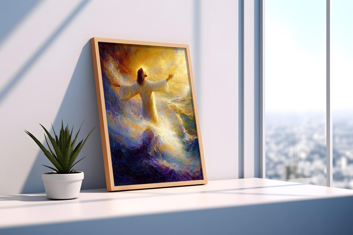 Jesus Walking On Water Colorful Waves Biblical Miracle Art Print