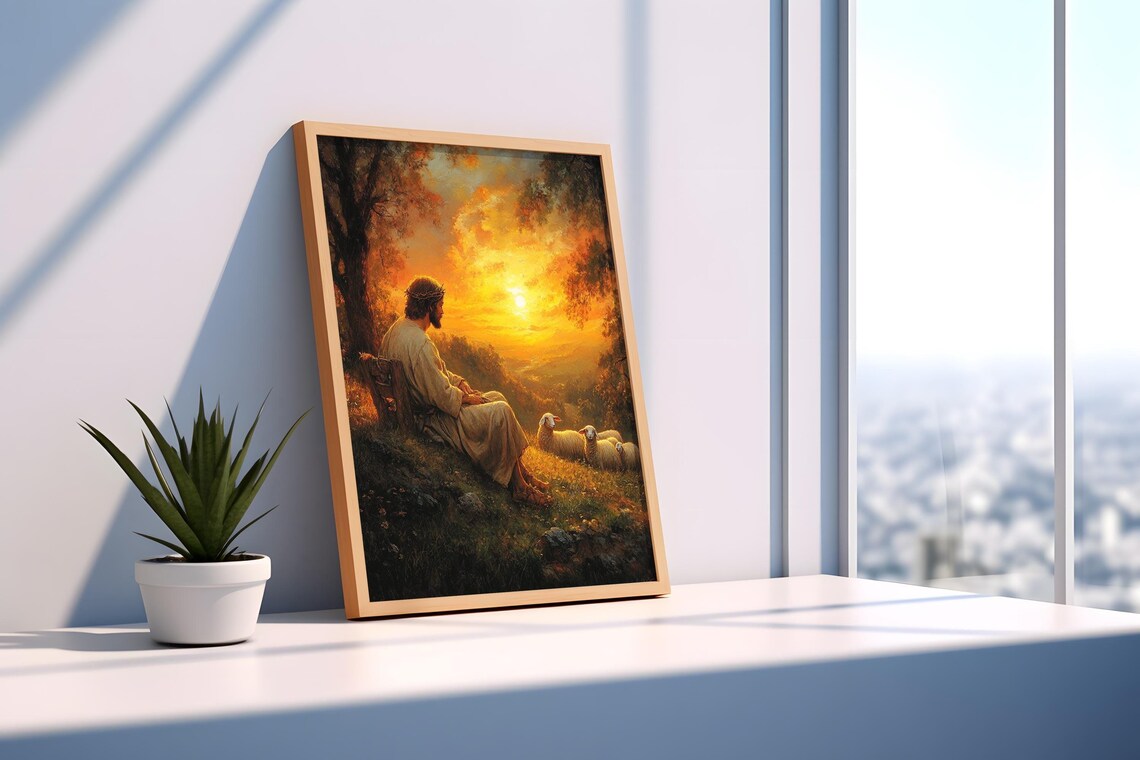 Good Shepherd Jesus Resting With Sheep Golden Sunset Meadow Wall Poster - Image 2