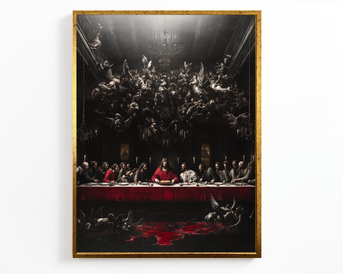 The Last Supper Dark Gothic Painting Jesus In Red With Angels Wall Art - Image 4