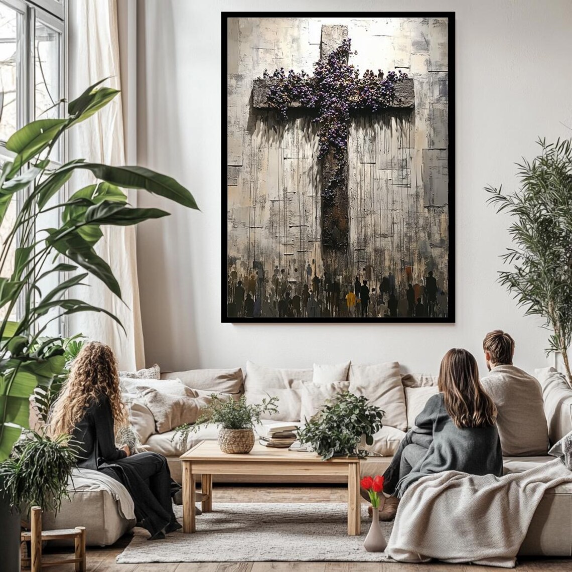 Rustic Floral Cross Purple Blossoms Weathered Wood Christian Art Poster - Image 3