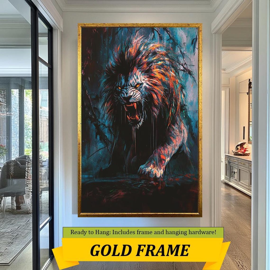 Roaring Lion Dark Jungle Painting Fierce Orange Black Wildlife Poster - Image 4