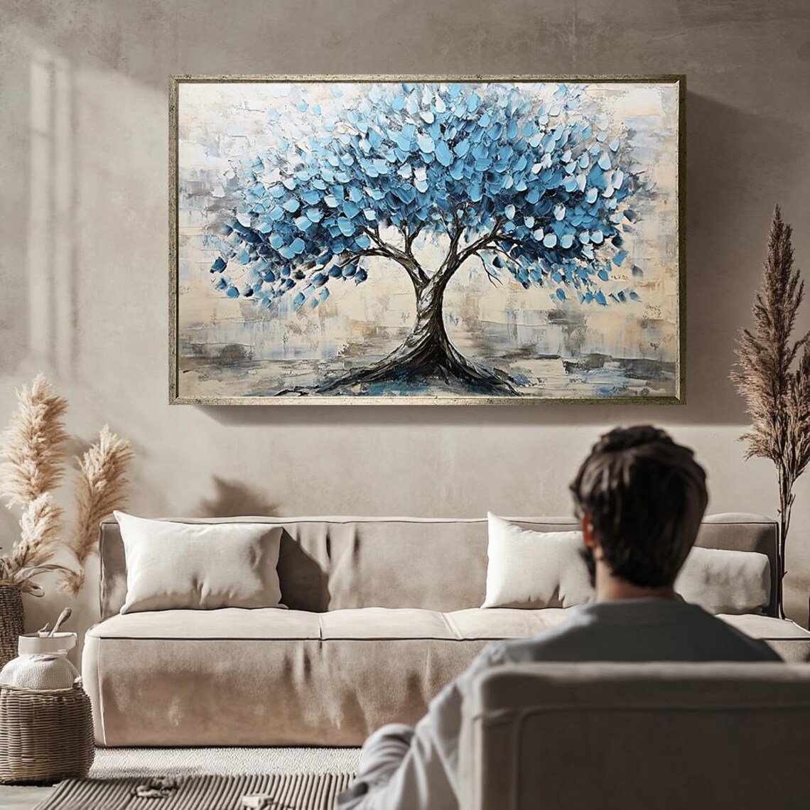 Abstract Blue Tree Painting Textured Palette Knife Wall Art Modern Nature Decor Elegant Blue Tree Minimalist Home Artwork - Image 2