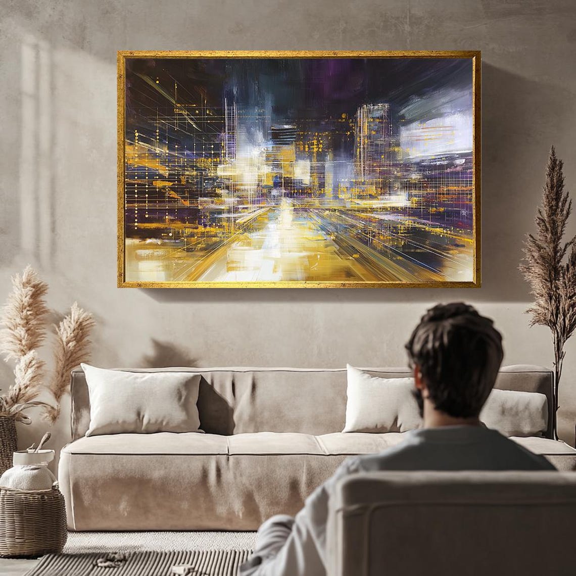 Abstract City Night Lights Golden Skyline Modern Urban Wall Poster - Image 2