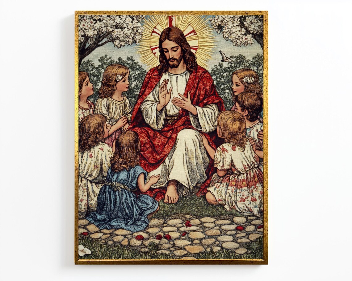 Jesus With Children Vintage Biblical Scene Classic Christian Art Poster - Image 4