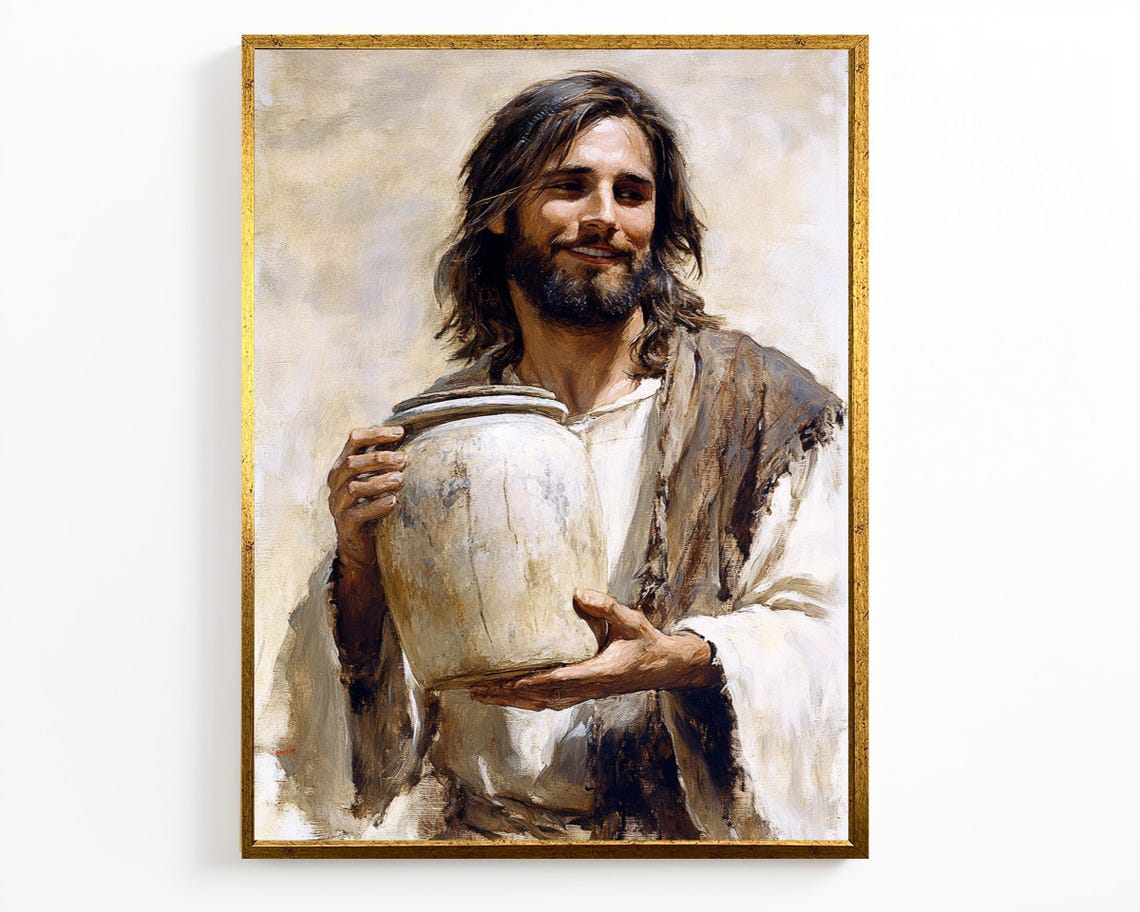 Smiling Jesus Christ Holding Clay Water Jar Biblical Scene Wall Art - Image 4