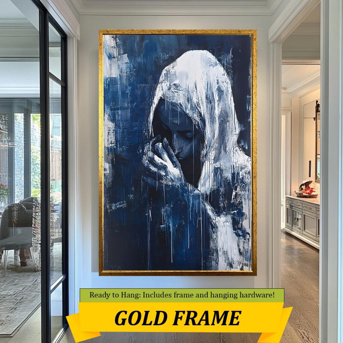 Veiled Woman Praying Blue Monochrome Abstract Spiritual Art Poster - Image 5