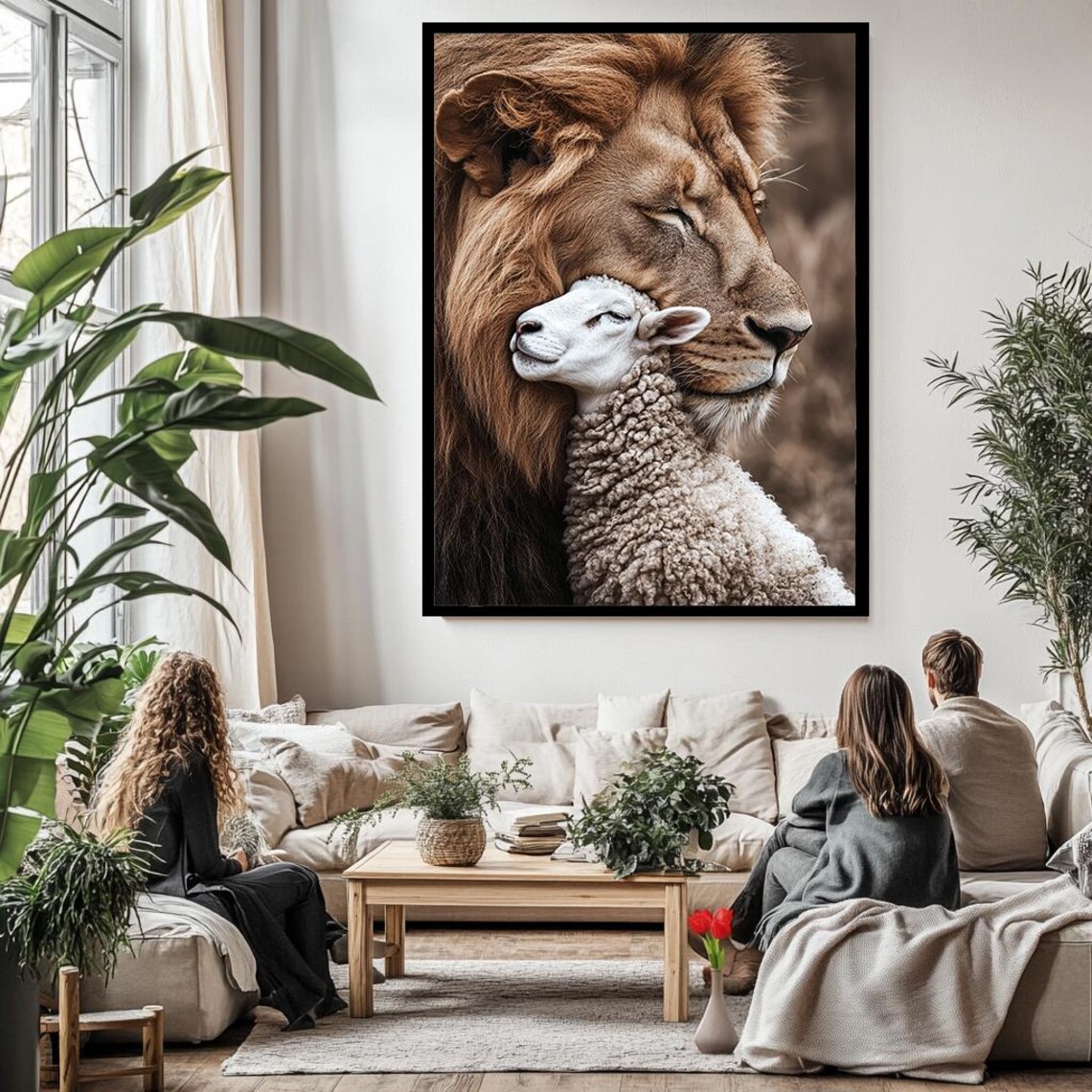 Lion And Lamb Embrace Peaceful Portrait Warm Faith Harmony Wall Art - Image 3