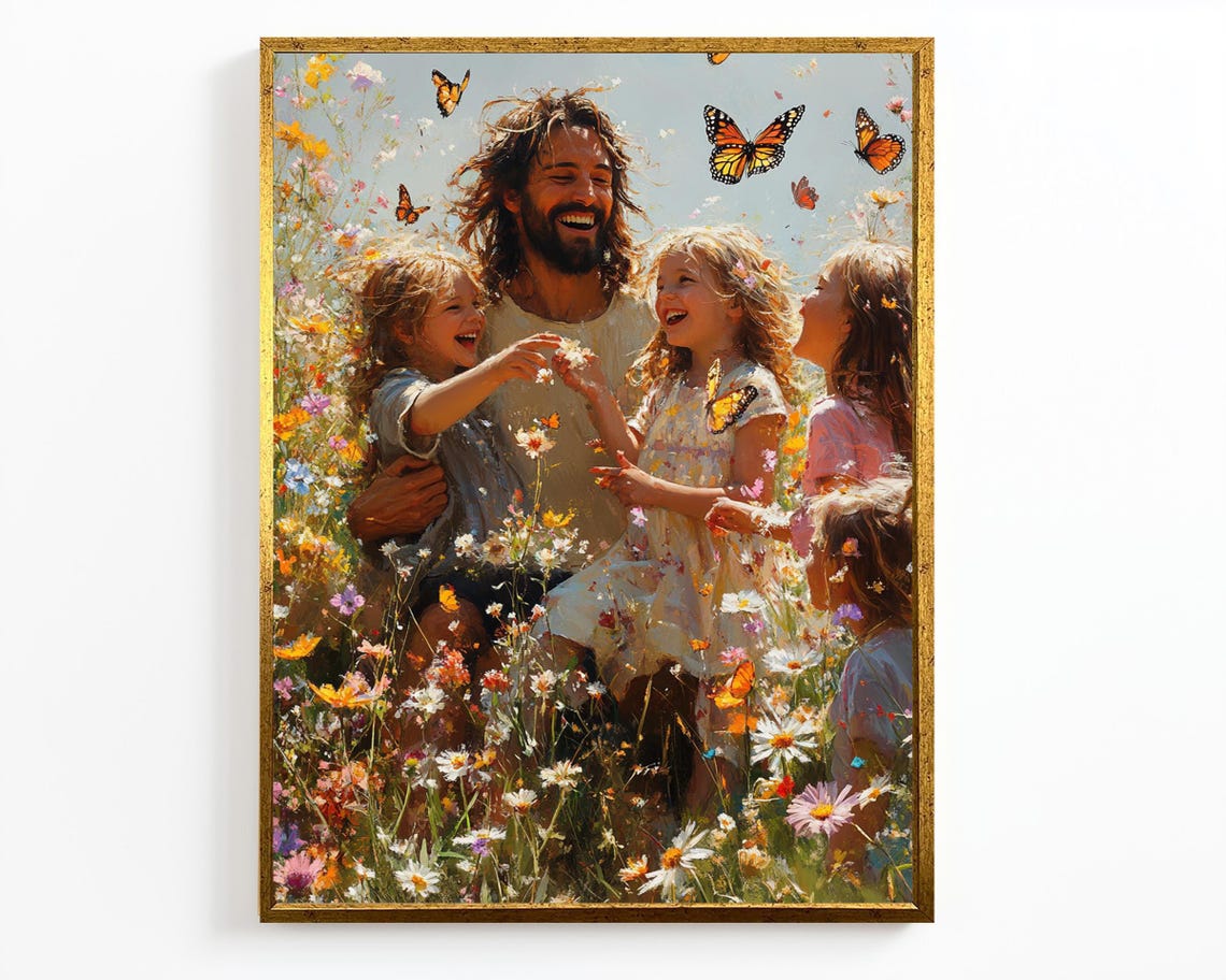 Joyful Jesus Playing With Children In Flower Meadow Butterflies Poster - Image 4