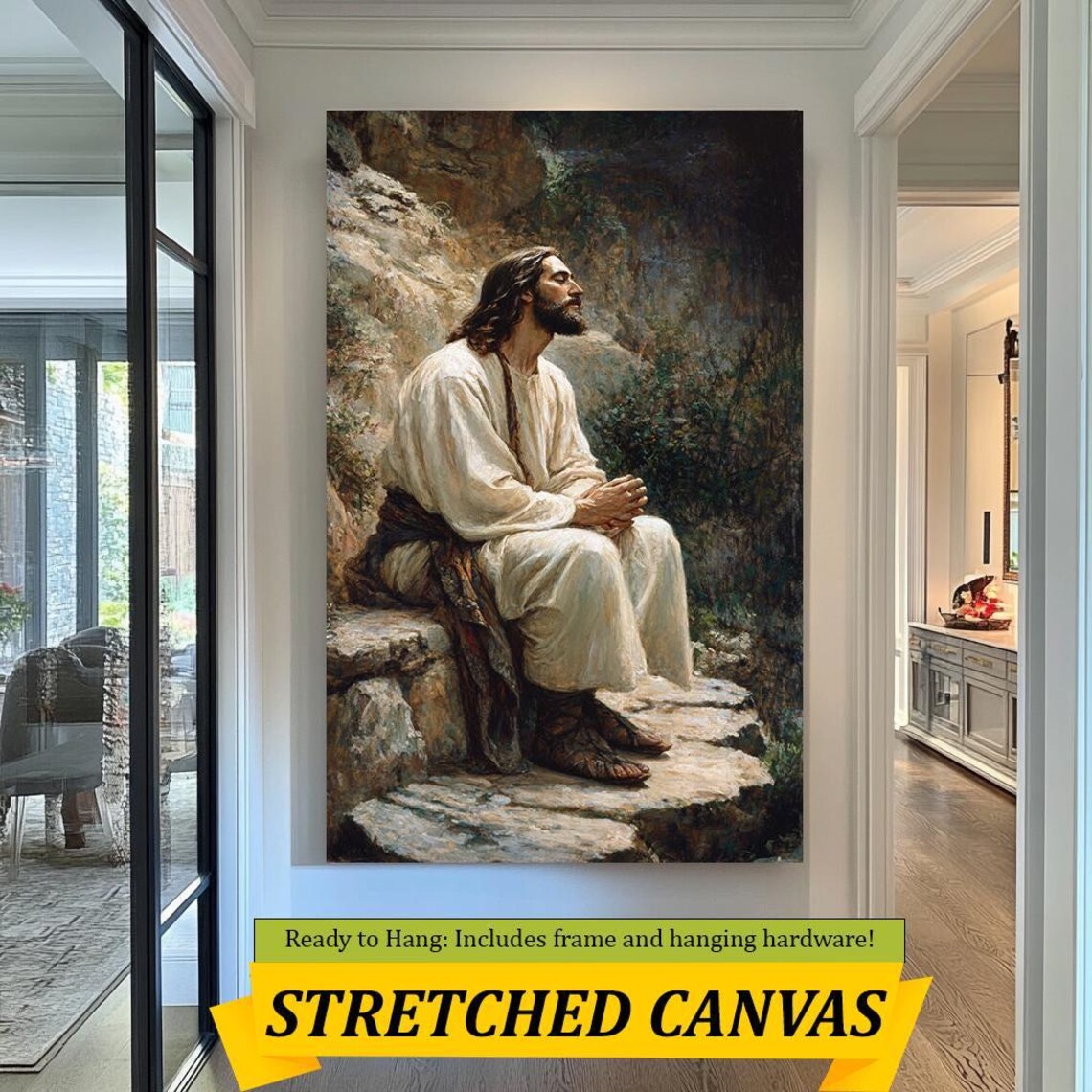 Jesus In Quiet Contemplation Seated On Rocks Peaceful Prayer Art Poster - Image 4