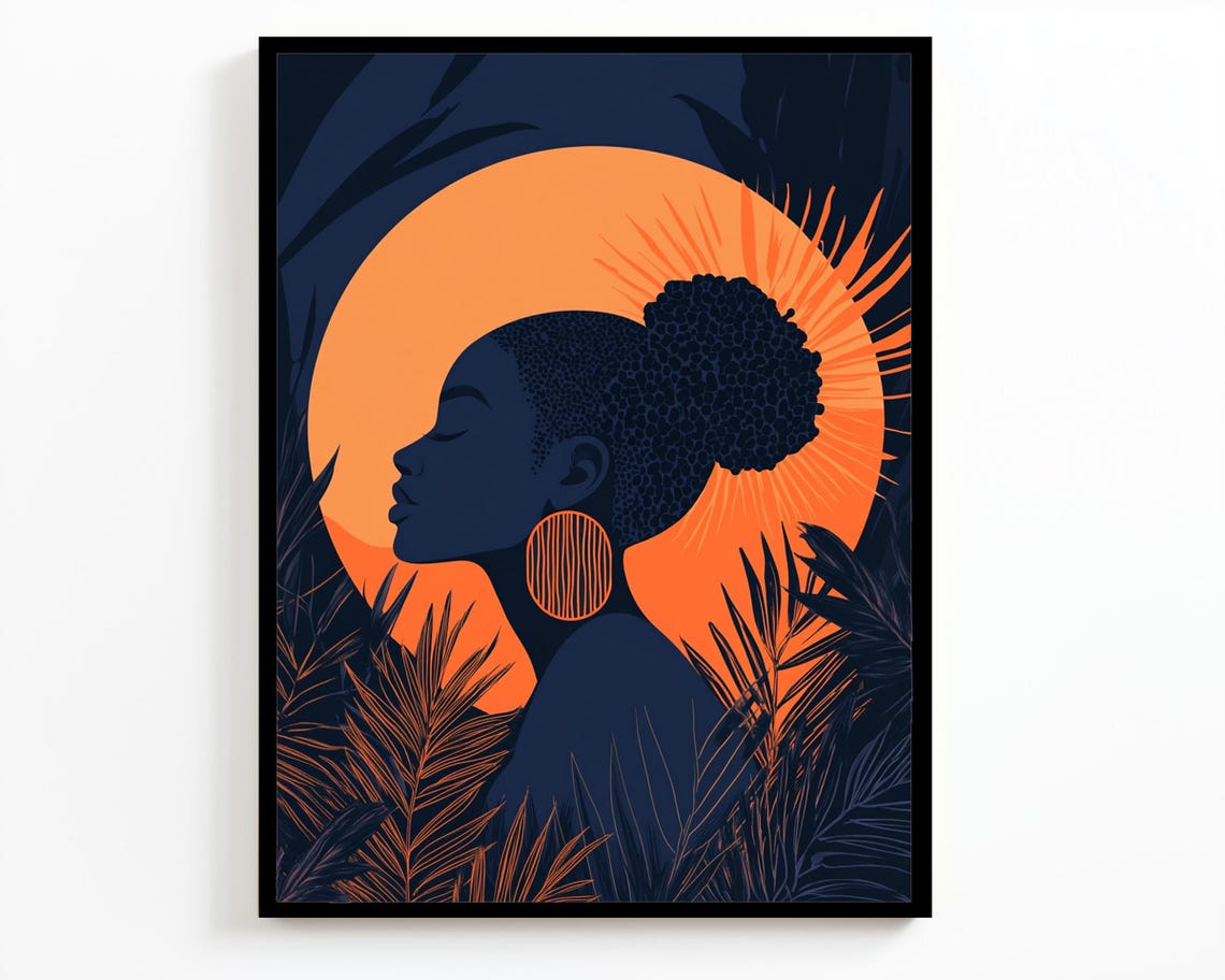 African Woman Sunset Silhouette Orange Sun Palm Tropical Art Poster - Image 4