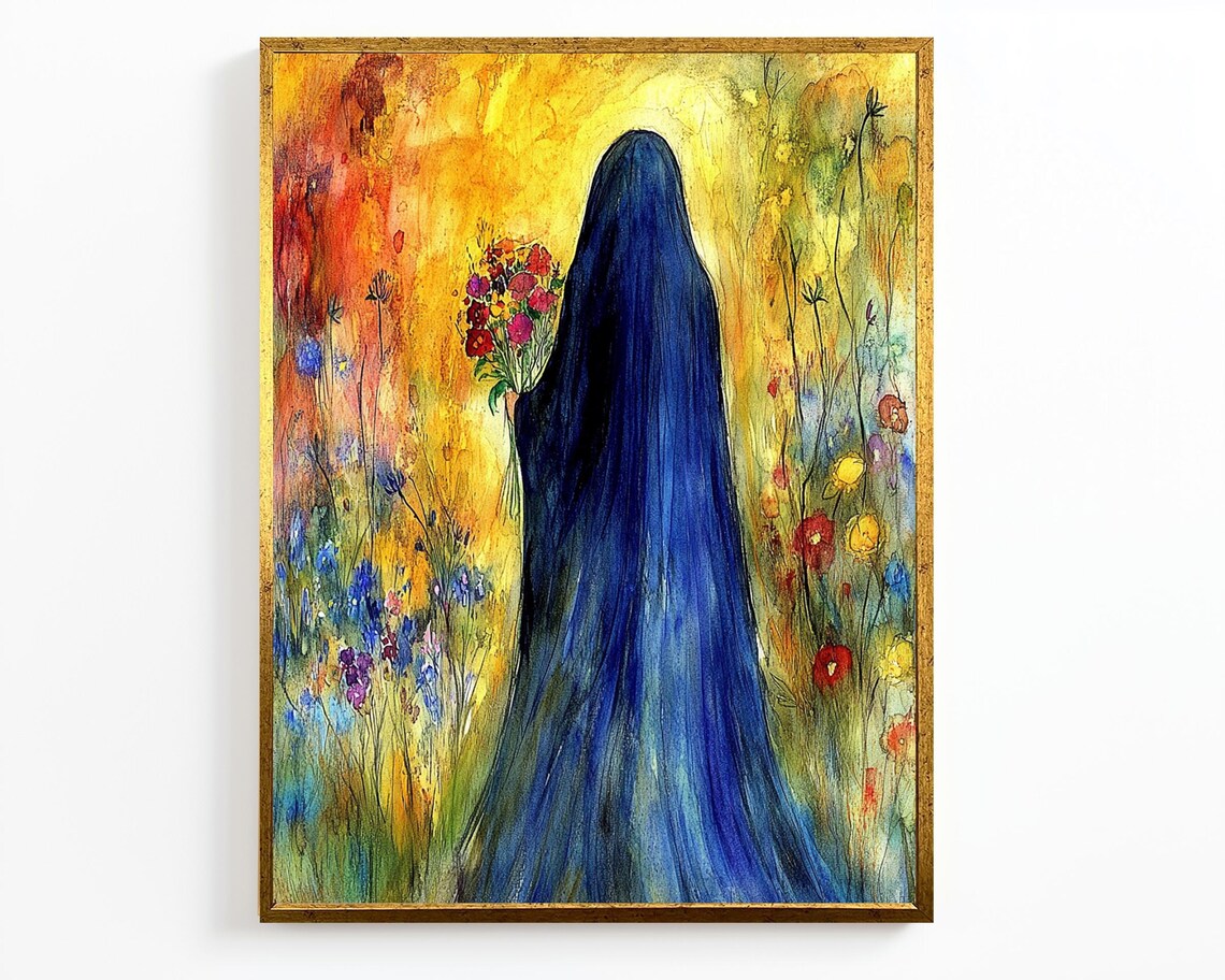 Virgin Mary Blue Veil Wildflower Meadow Watercolor Christian Wall Art - Image 4