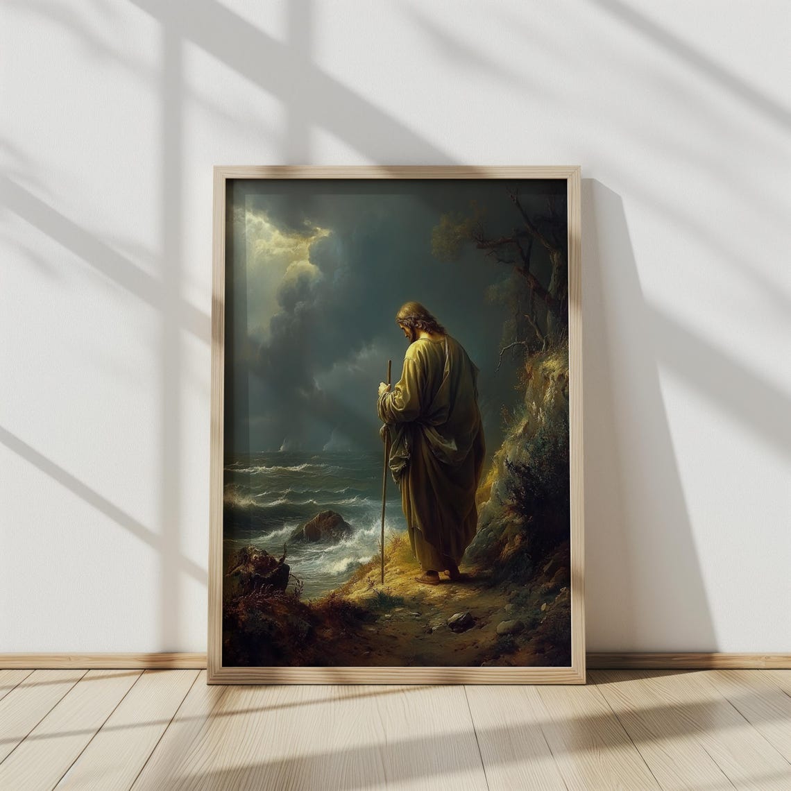 Jesus As Shepherd With Staff On Stormy Rocky Seashore Moody Wall Art - Image 4