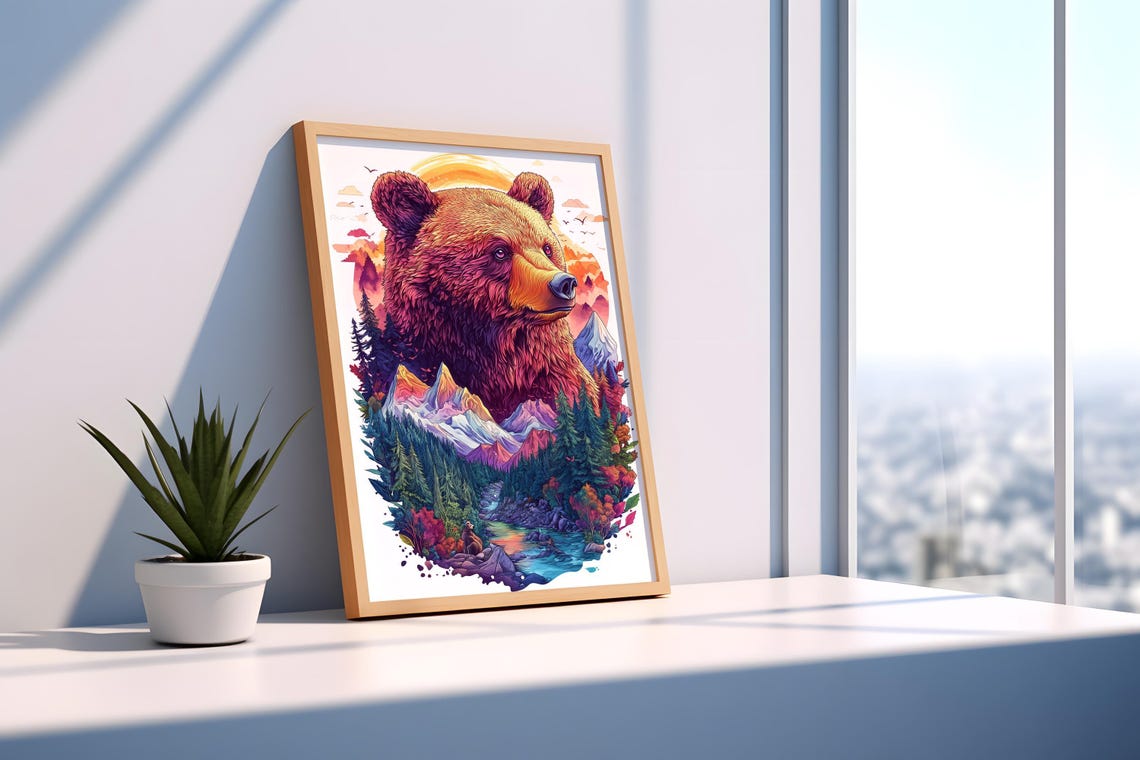 Majestic Grizzly Bear Mountain Sunset Forest Double Exposure Poster - Image 3
