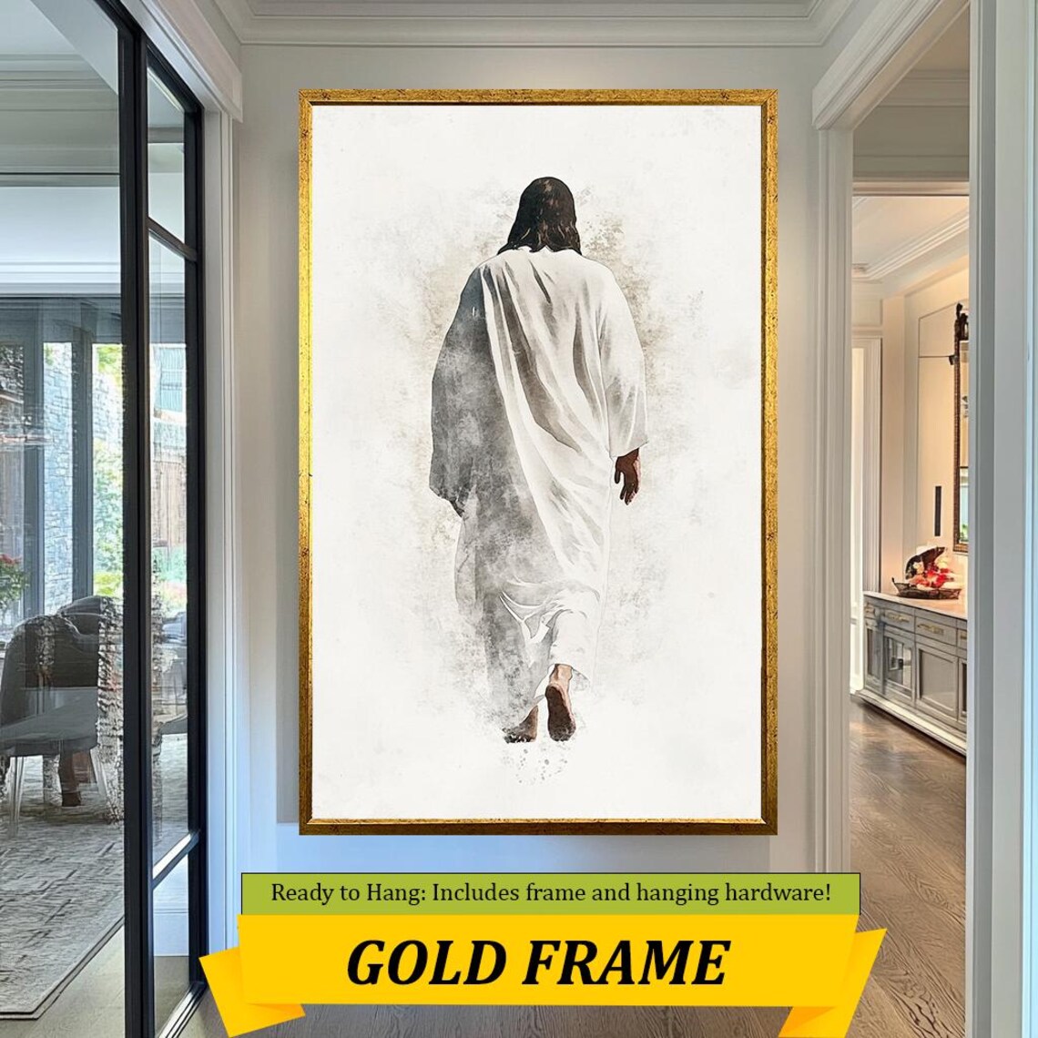 Jesus Walking Away Watercolor White Robe Minimalist White Background Poster - Image 5
