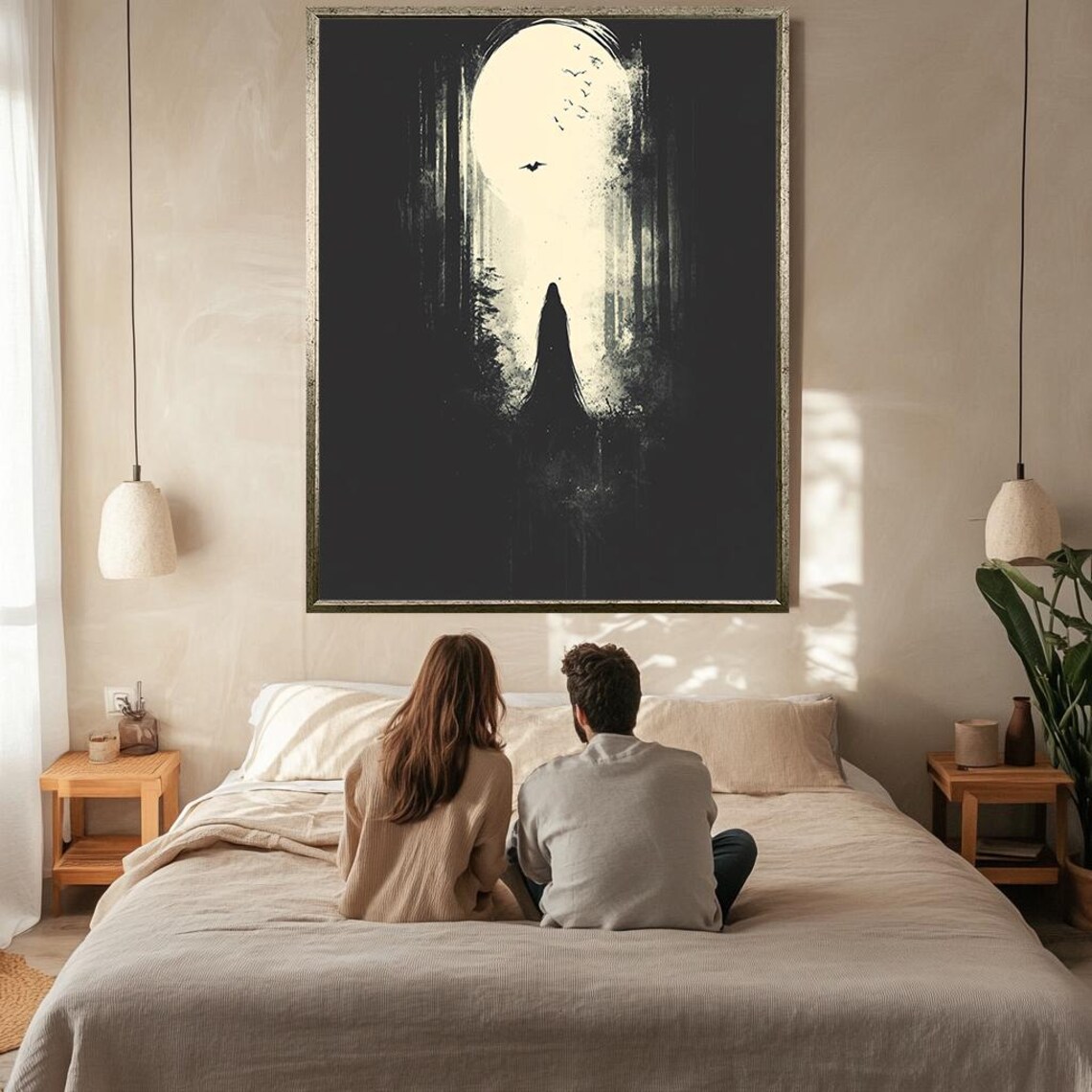Cloaked Figure Before Glowing Oval Portal Dark Gothic Minimalist Poster - Image 2