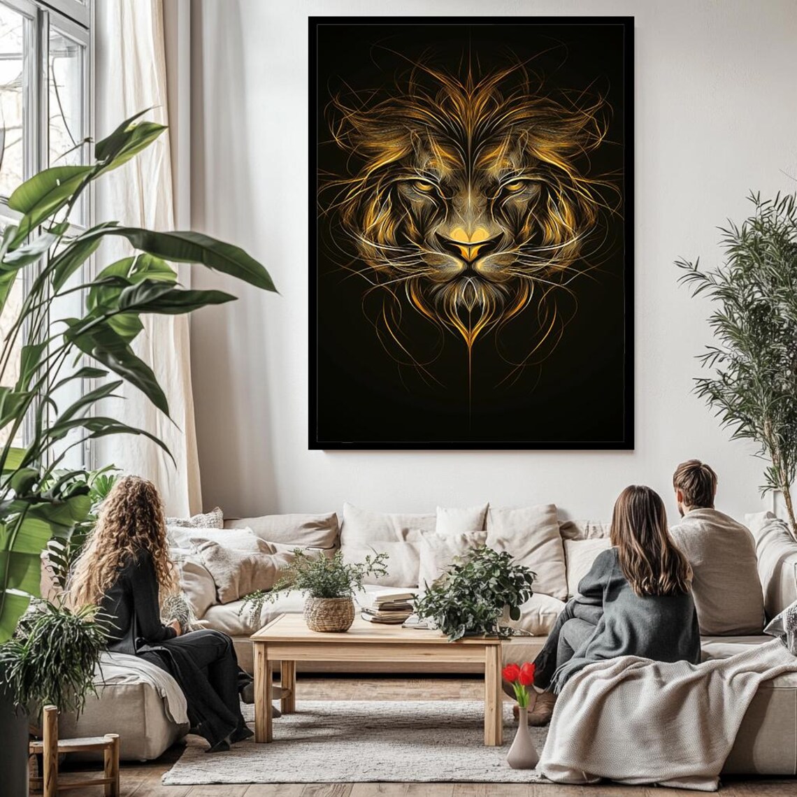 Golden Lion Face Line Art Majestic Wildlife Black Gold Animal Poster - Image 3