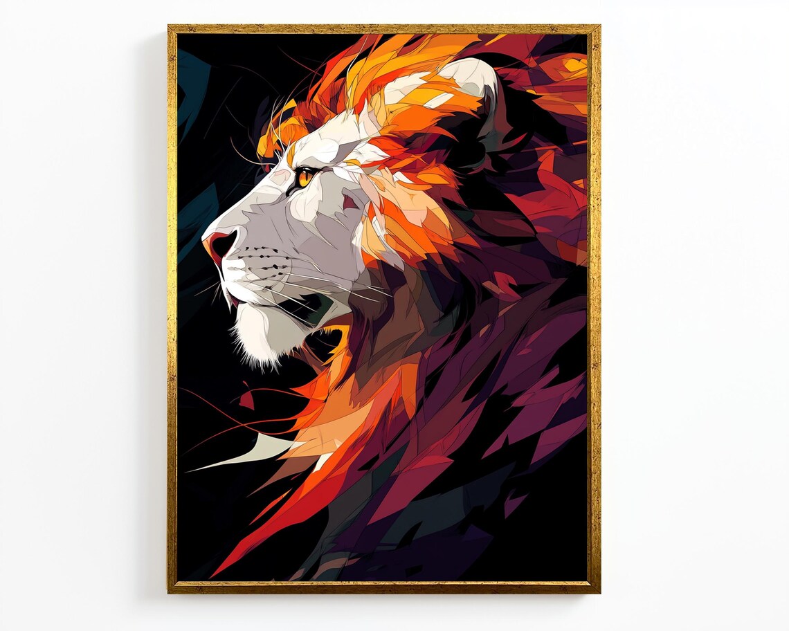 Abstract Lion Profile Vibrant Orange Red Geometric Modern Art Poster - Image 4