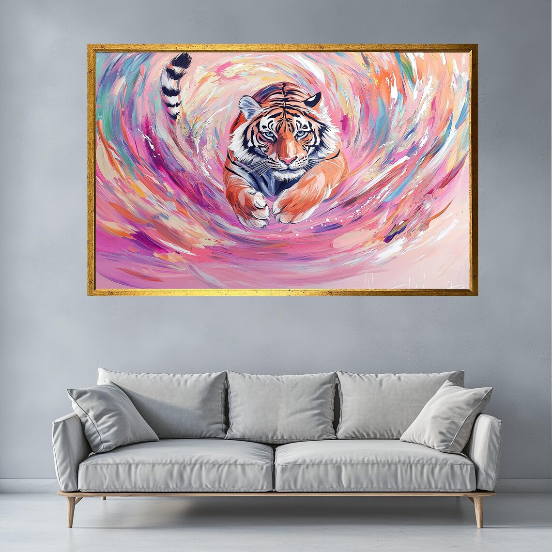 Dynamic Tiger Leaping Pink Vortex Colorful Abstract Wildlife Poster - Image 4