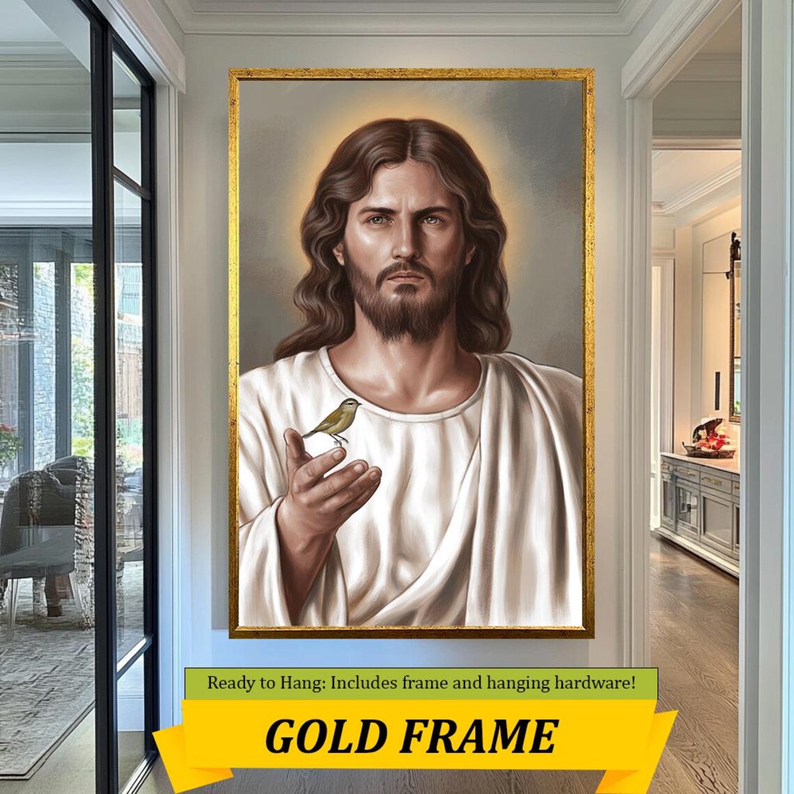 Jesus Christ With Halo Holding Small Bird On Hand Gentle Portrait Poster - Image 5